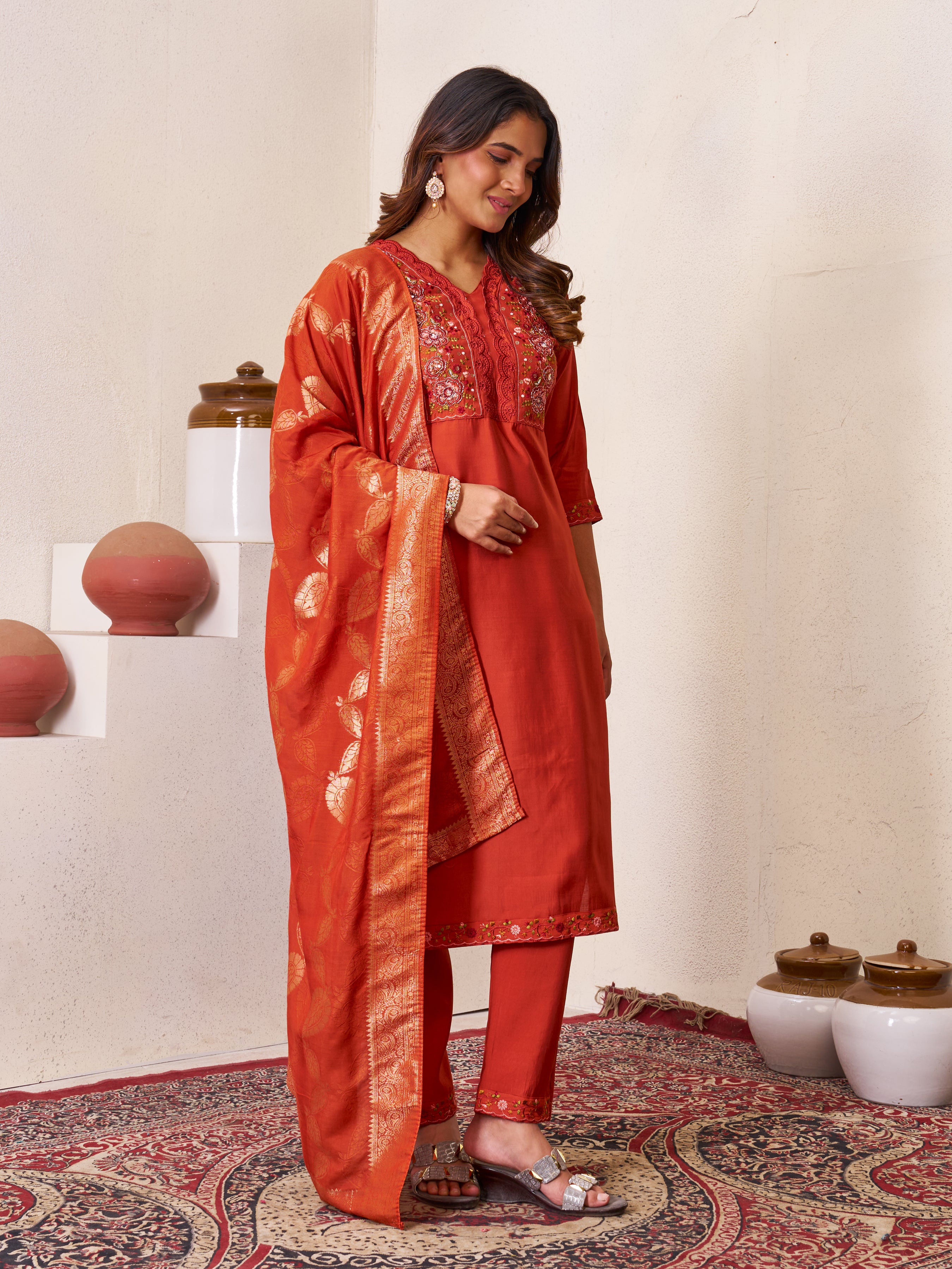 Roman Silk Embroidered Straight Kurti Set – Rust