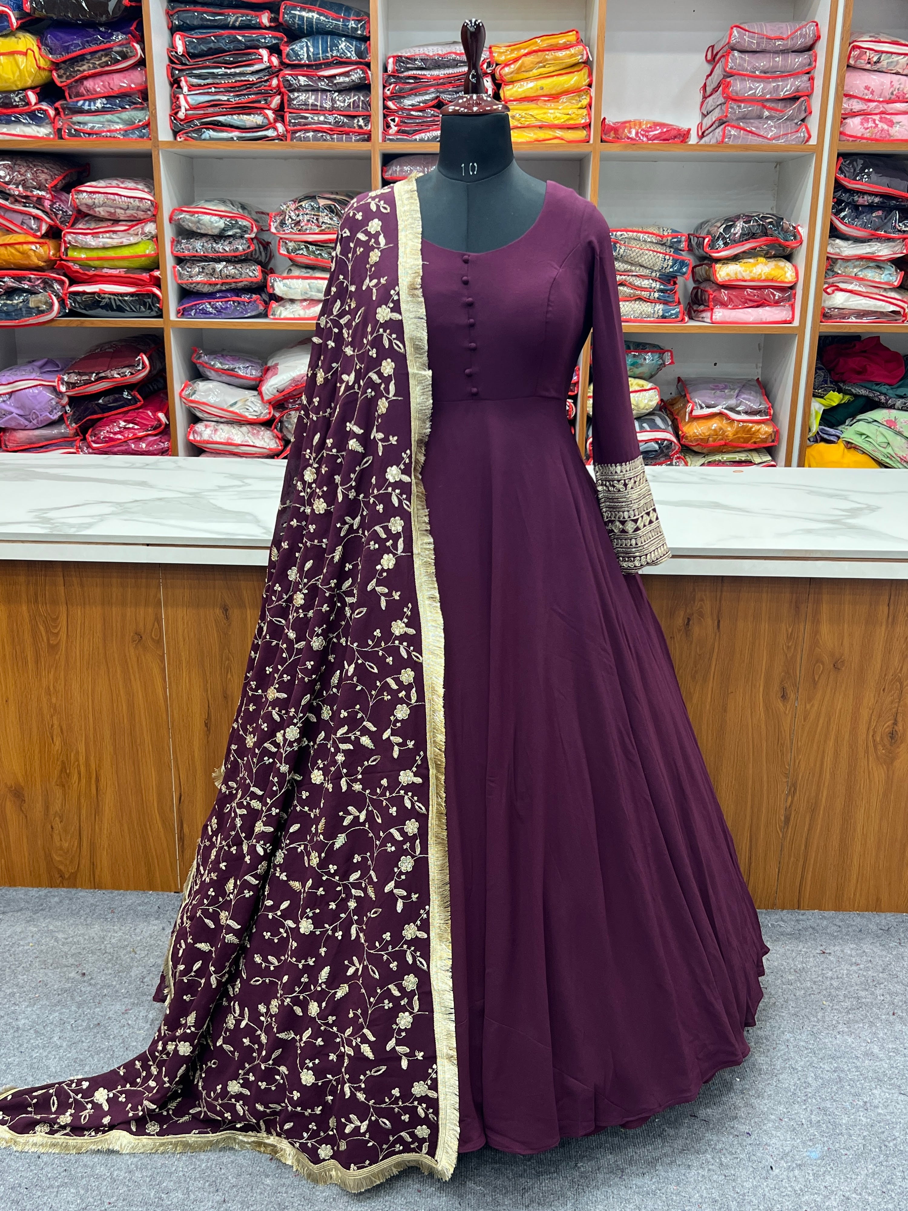 Georgette Embroidered Gown Set – Wine