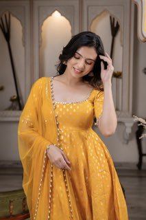 Chanderi Jacquard Embroidered Anarkali + Pant Set – Mustard Yellow