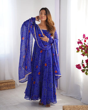 Soft Lightweight Chiffon Bandhej Fabric Inner Micro Cotton Embroidered Anarkali Set – Blue