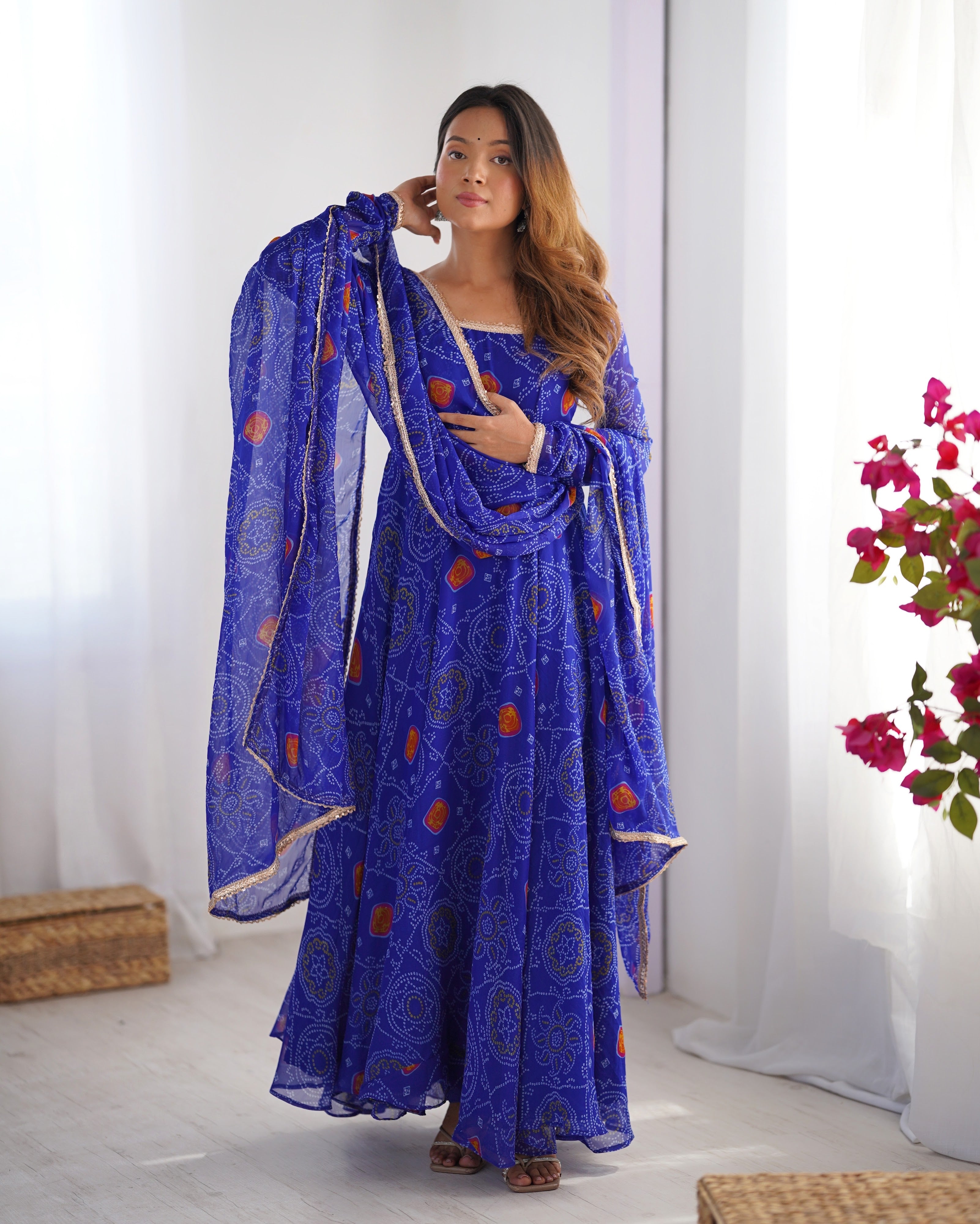 Soft Lightweight Chiffon Bandhej Fabric Inner Micro Cotton Embroidered Anarkali Set – Blue