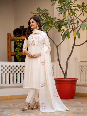 Pure Viscose Mango Silk Embroidered Straight Kurti Set – White