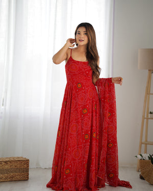 Soft Lightweight Chiffon Bandhej Embroidered Gown Set – Red