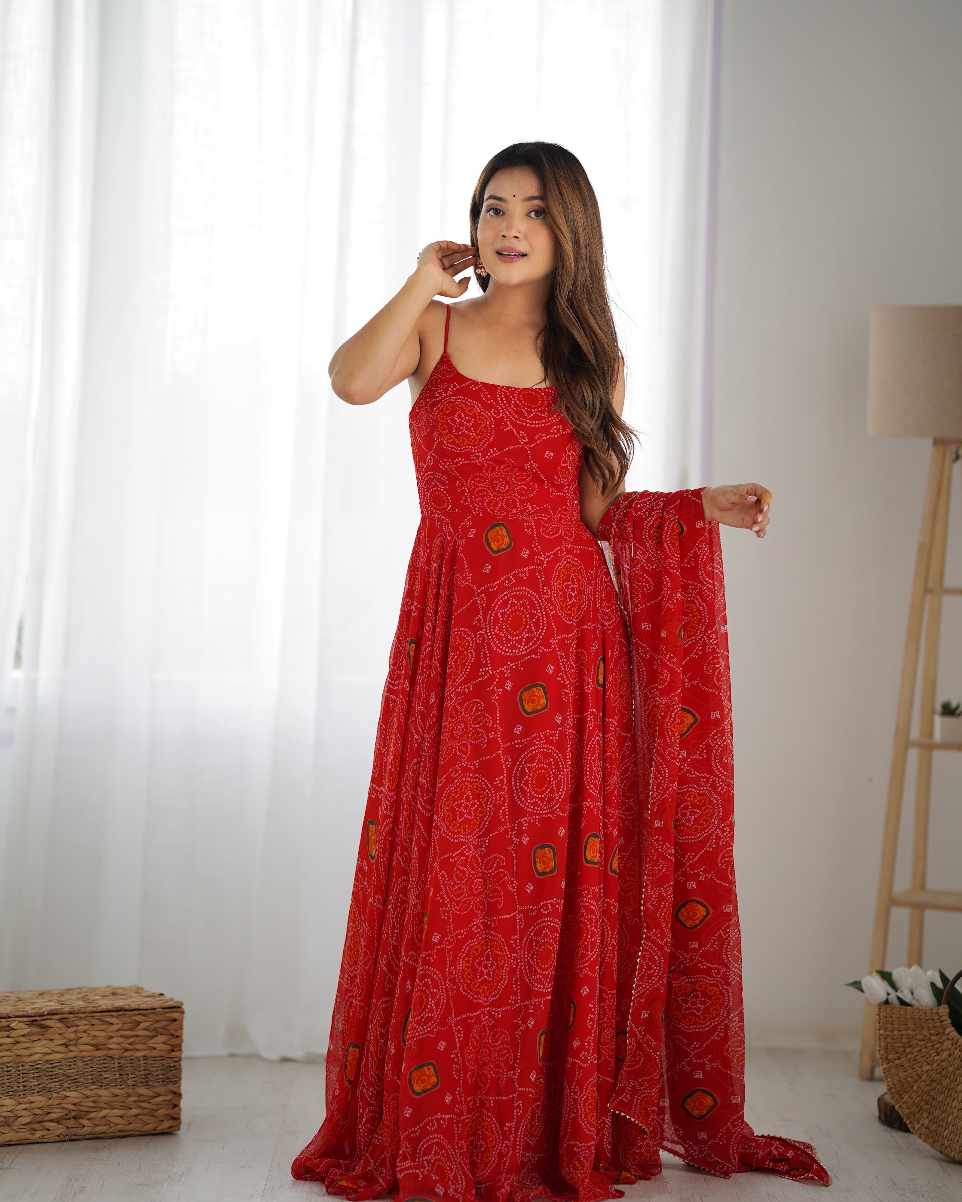 Soft Lightweight Chiffon Bandhej Embroidered Gown Set – Red
