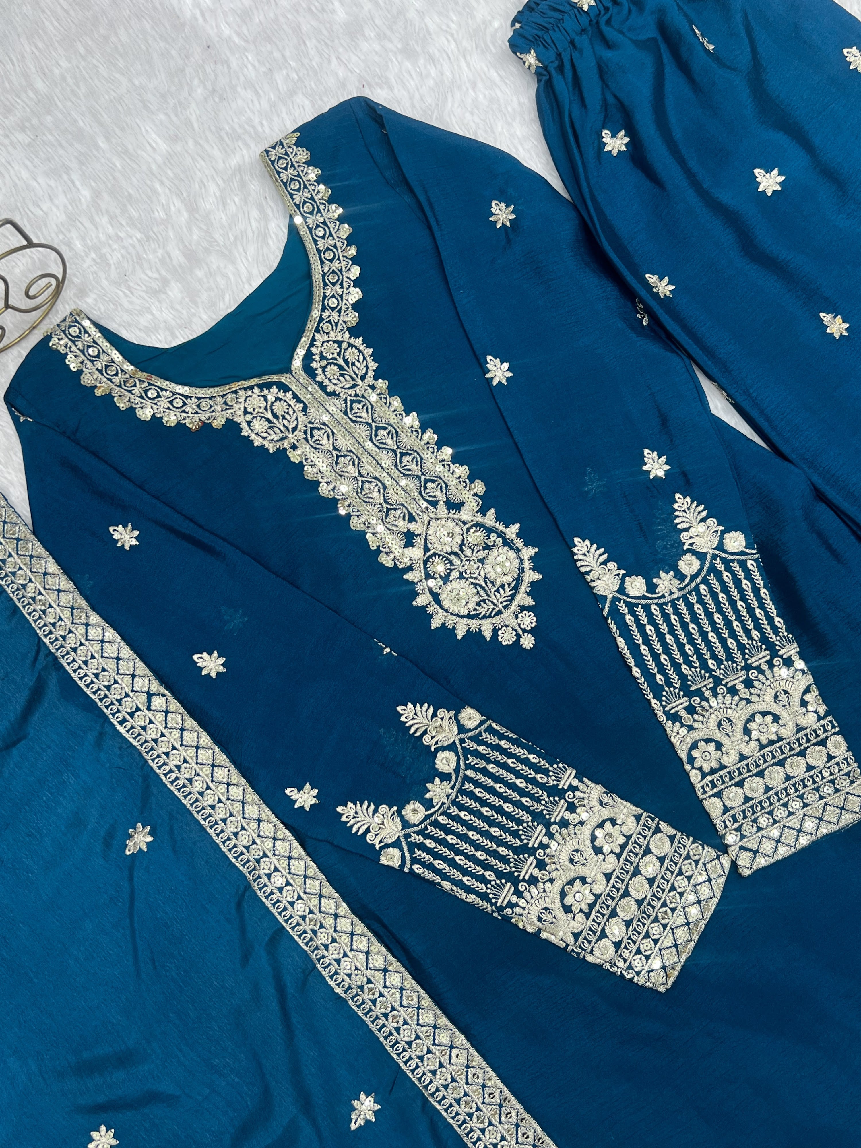 Chinon Silk Embroidered Straight Kurta Set – Navy Blue