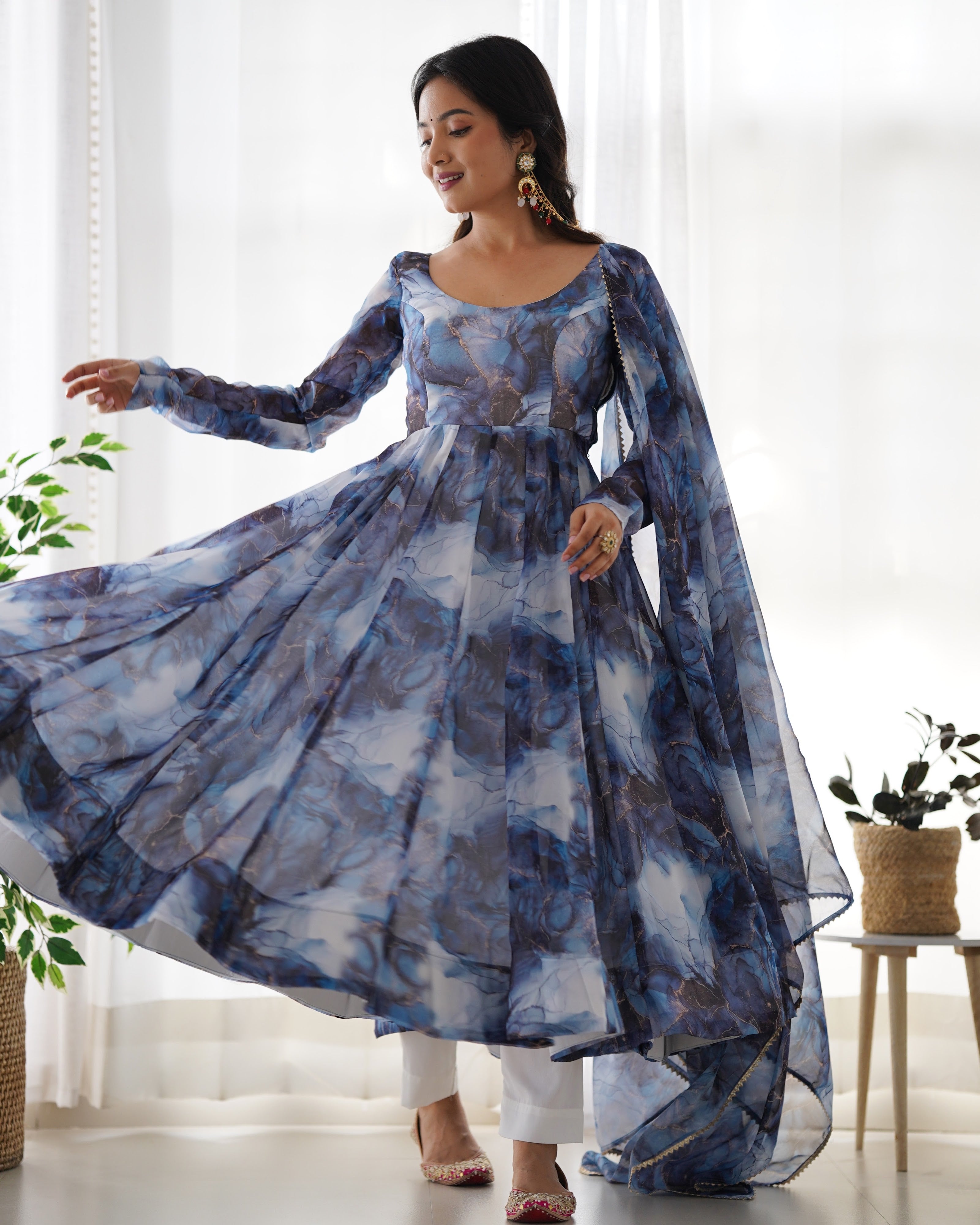 Organza Silk Printed Anarkali Set – Navy Blue