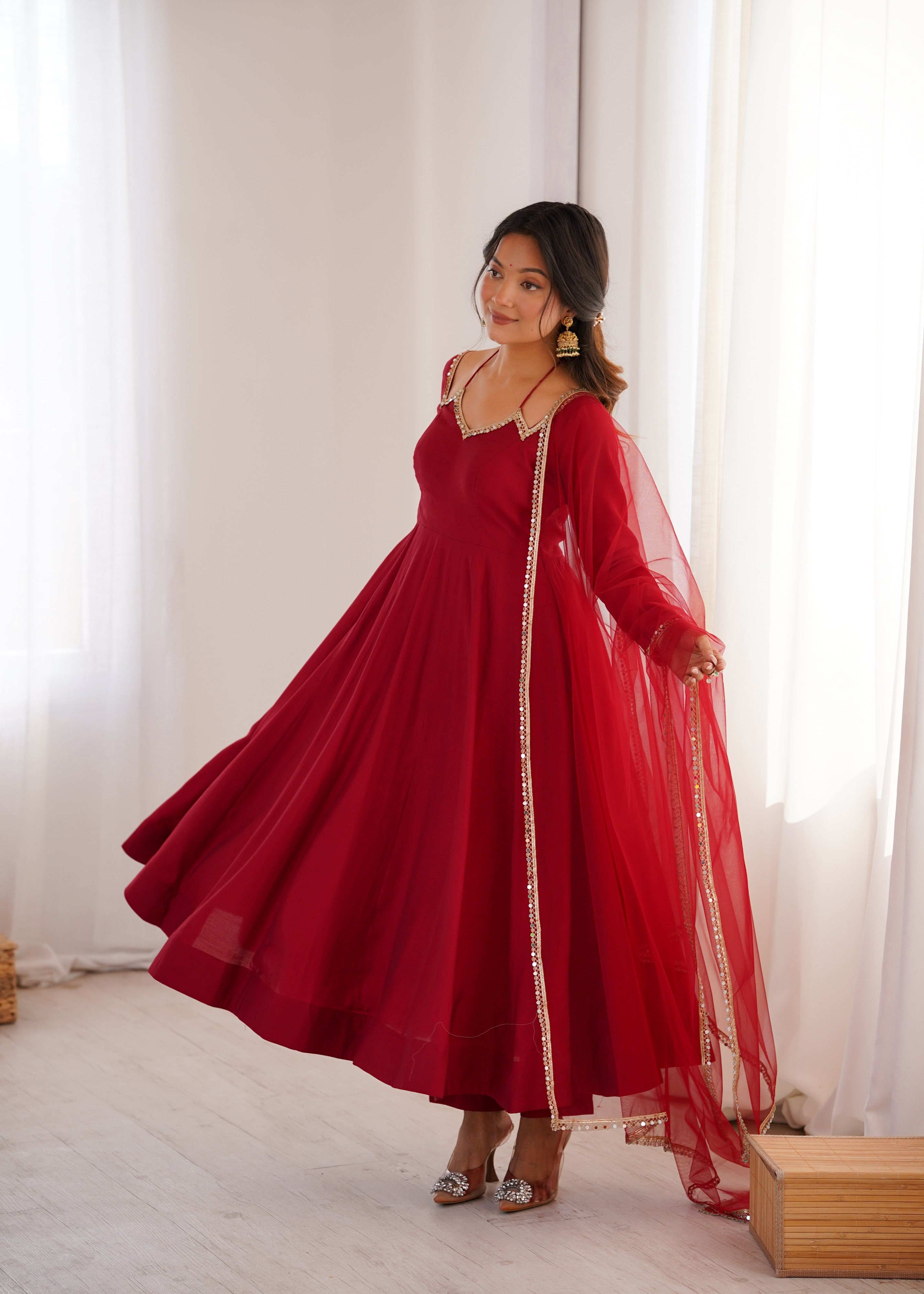 Roman Chanderi Silk Embroidered Anarkali Set – Maroon