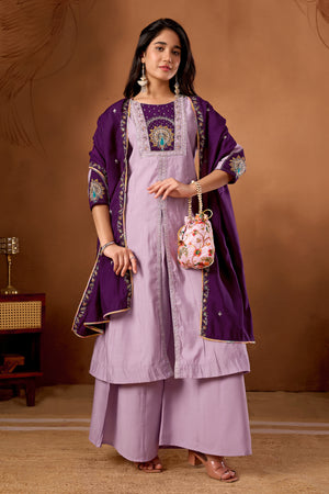 Roman Silk Embroidered Anarkali Kurti Set – Light Lovender
