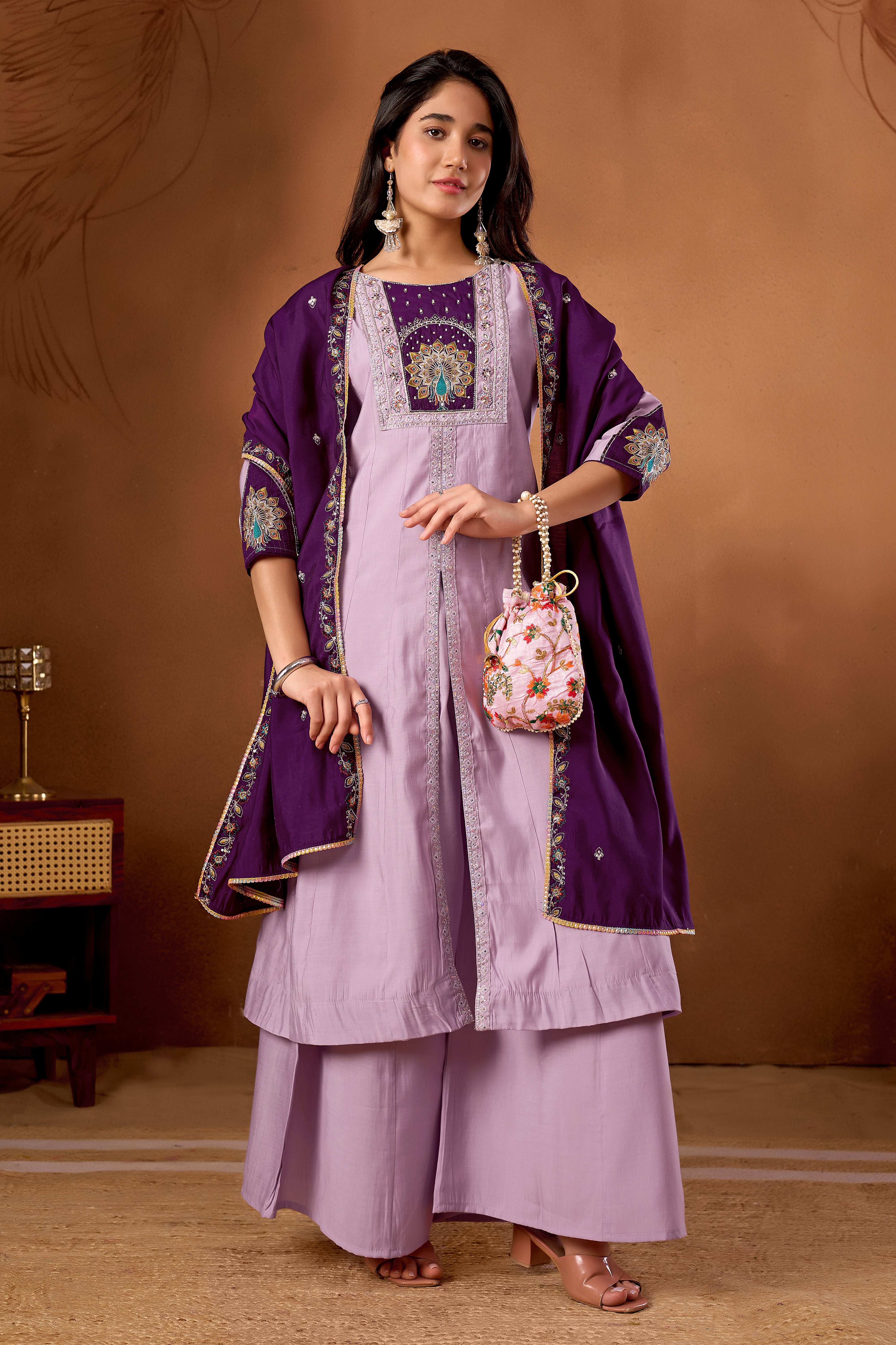 Roman Silk Embroidered Anarkali Kurti Set – Light Lovender