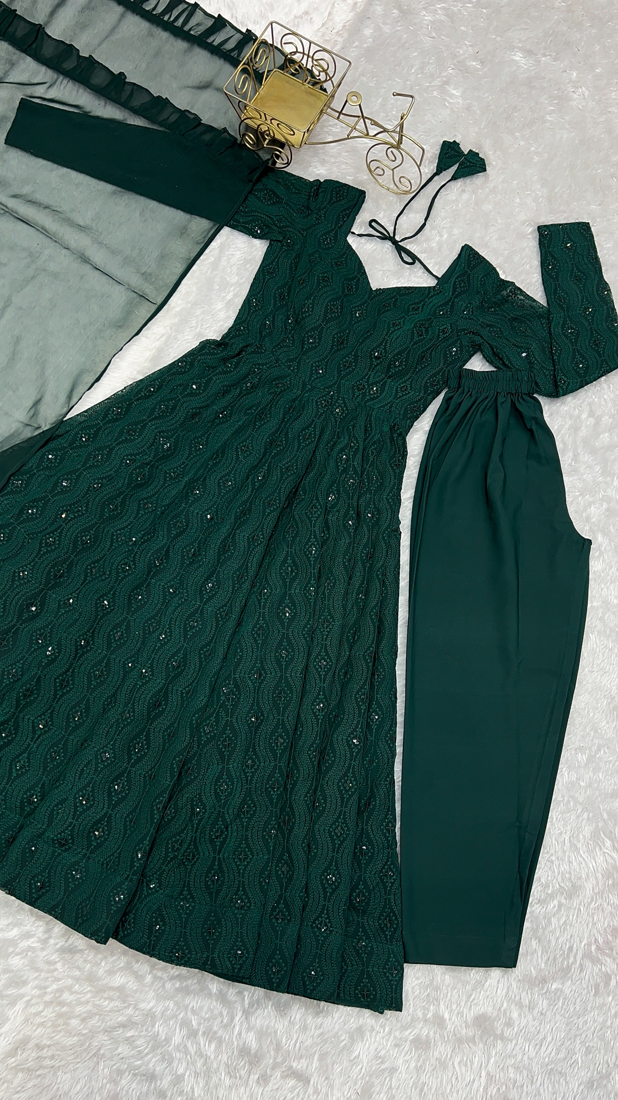 Georgette Embroidered Anarkali Set – Bottle Green