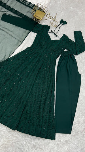 Georgette Embroidered Anarkali Set – Bottle Green