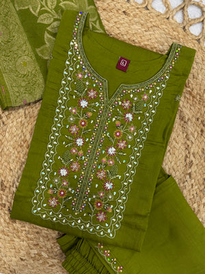 Pure Viscose Mango Silk Embroidered Straight Kurti Set – Mehndi