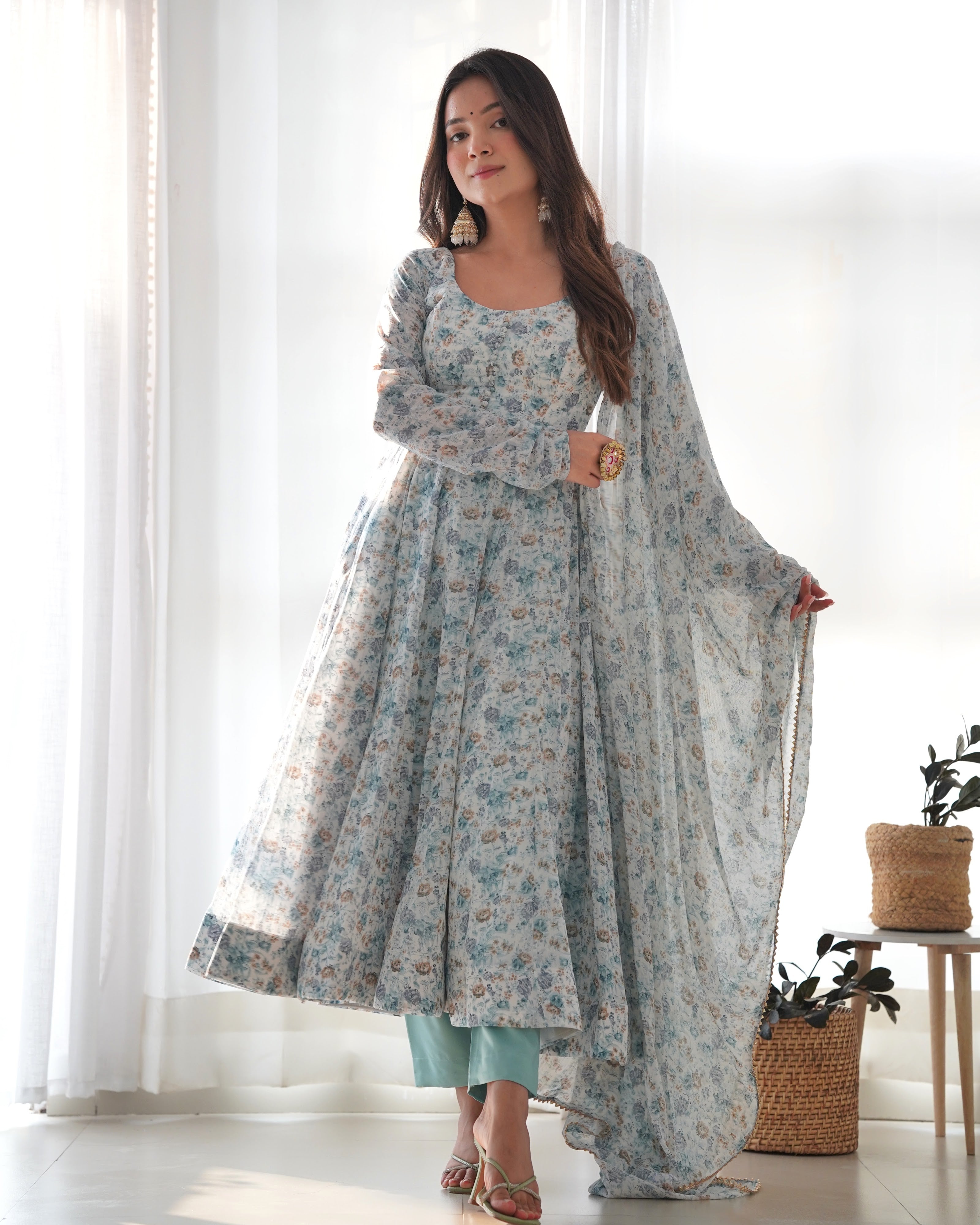 Heavy Orange Chiffon Floral Print Printed Anarkali Set – White Blue
