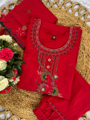 Roman Silk Embroidered Straight Kurti Set – Red