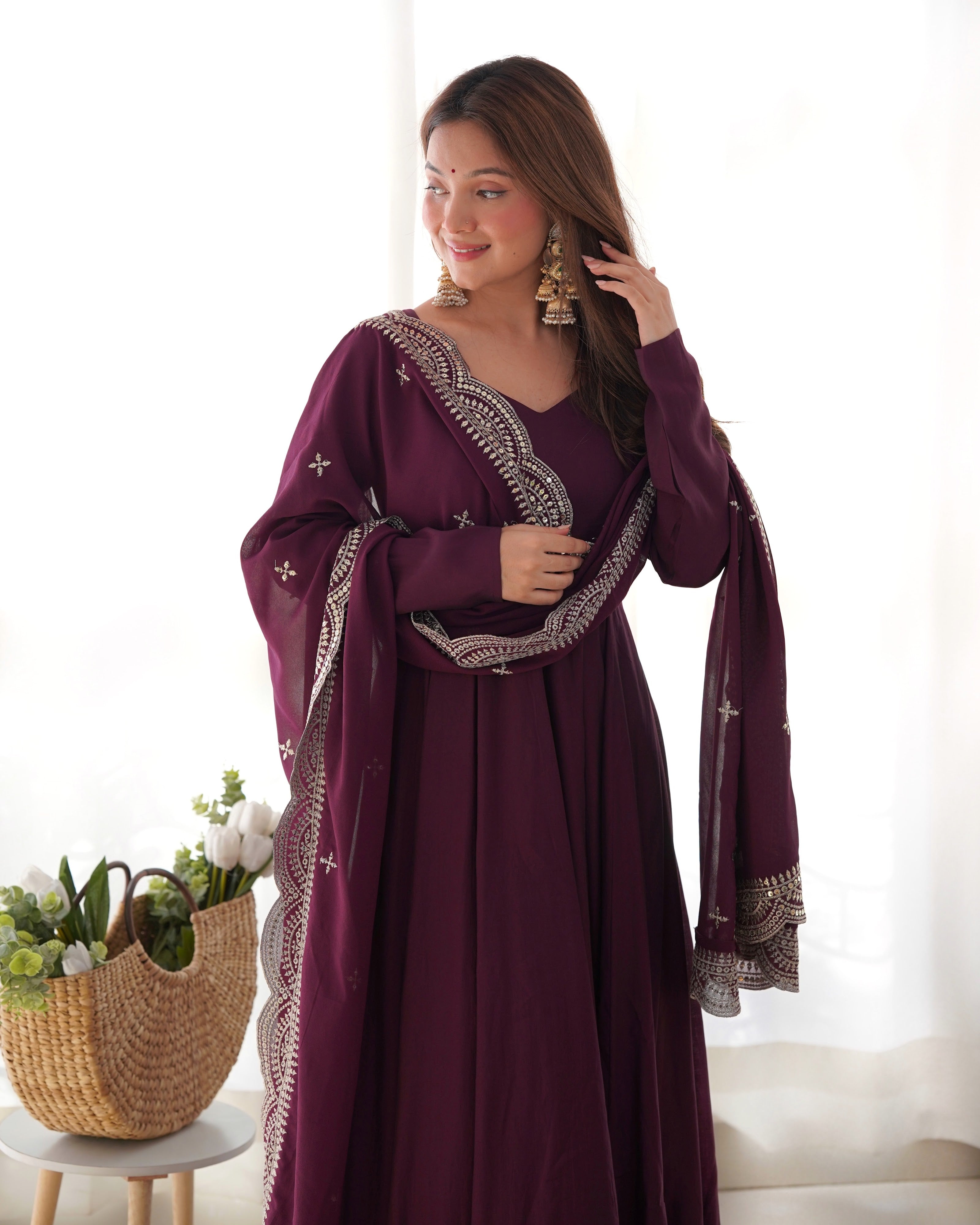 Roman Chanderi Silk Embroidered Anarkali Set – Wine
