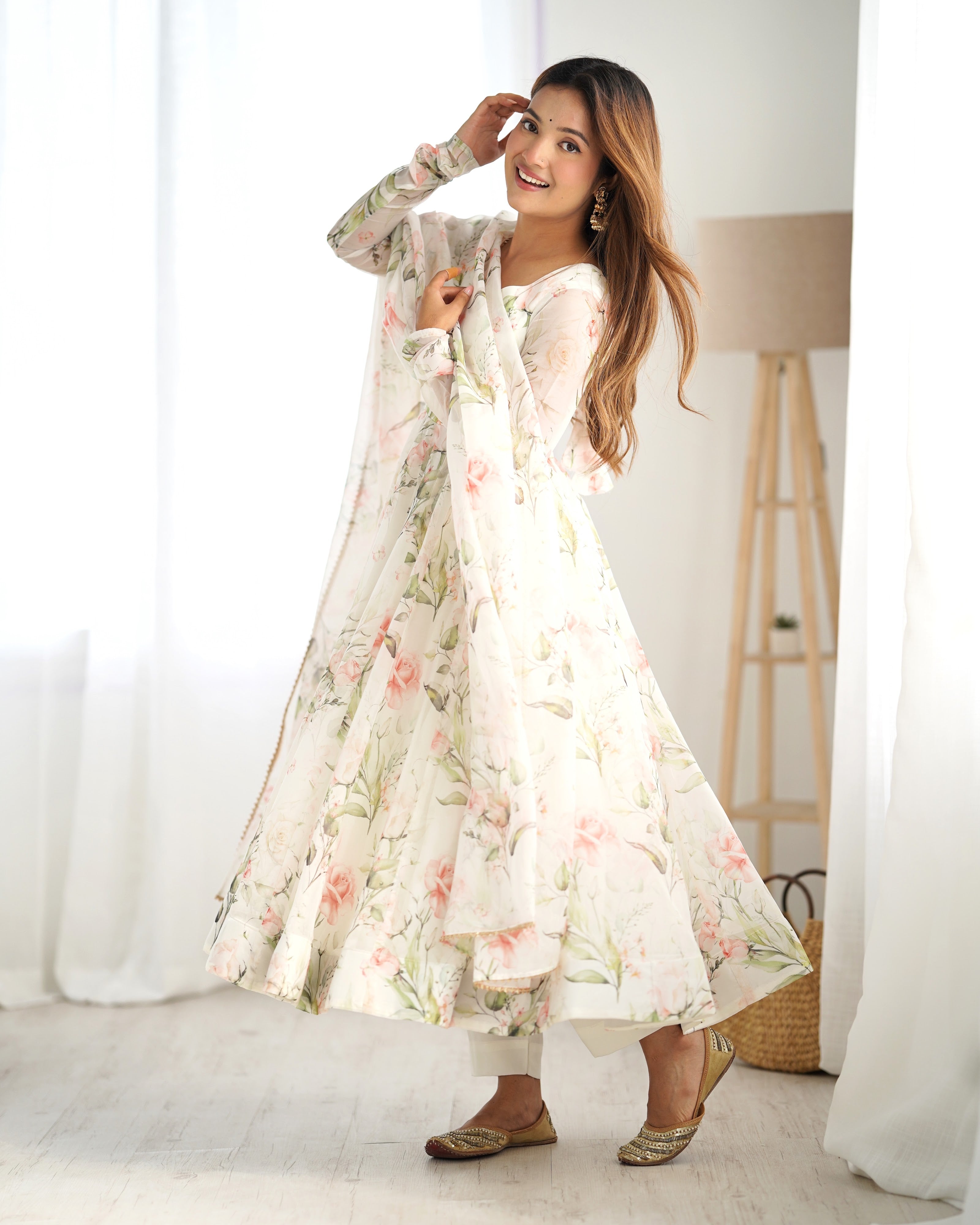 Organza Silk Printed Anarkali Set – Off White