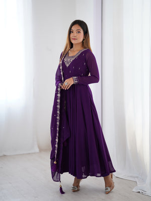 Georgette Embroidered Anarkali Set – Purple