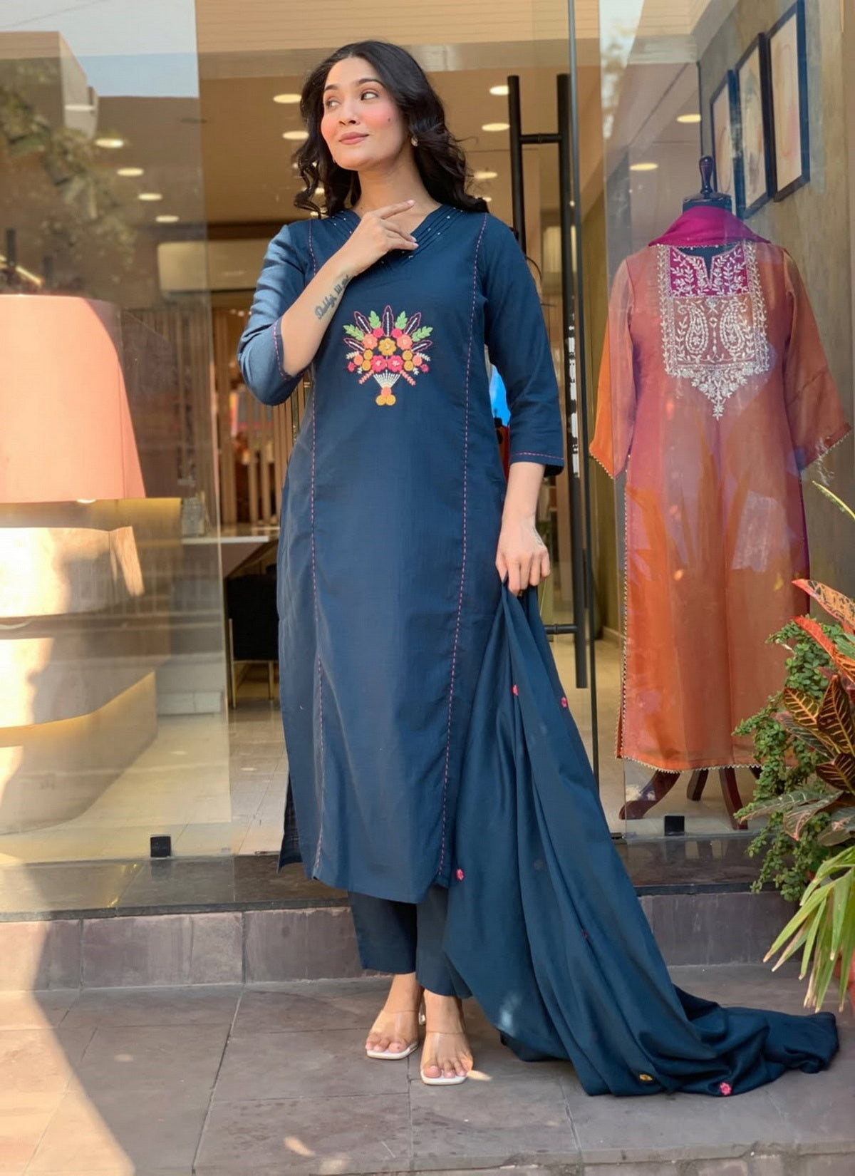 Rayon Slub Embroidered Kurta Pant Dupatta Set – Teal Blue