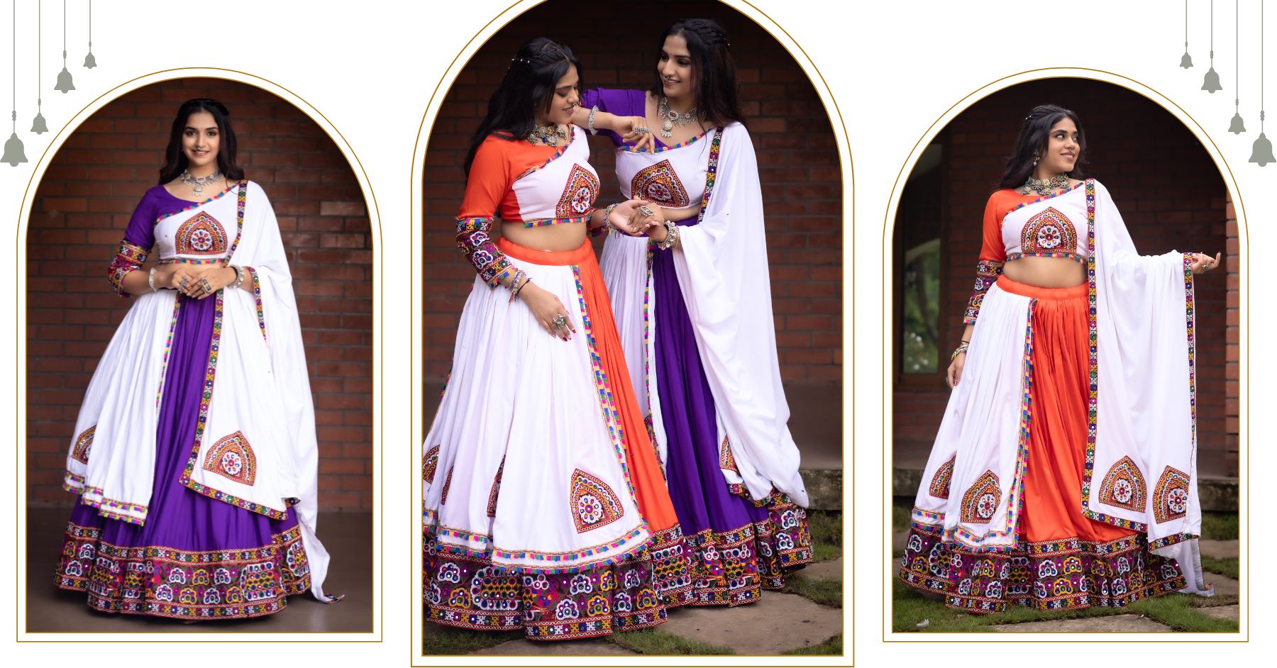 Navratri Orange White Arches Patch Work Lehenga Set