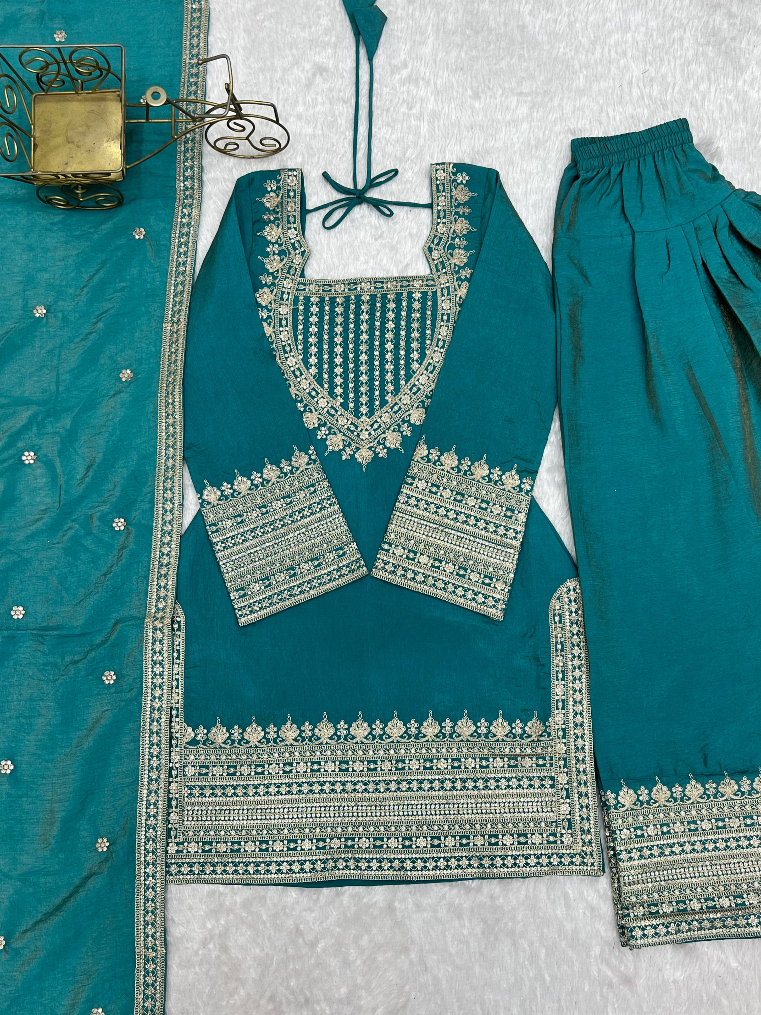 Vichitra Silk Embroidered Farshi Salwar Set – Sea Green