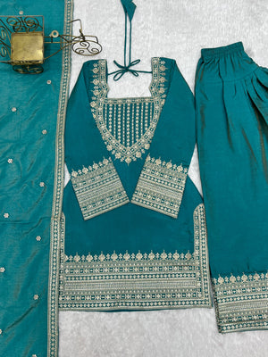 Vichitra Silk Embroidered Farshi Salwar Set – Sea Green