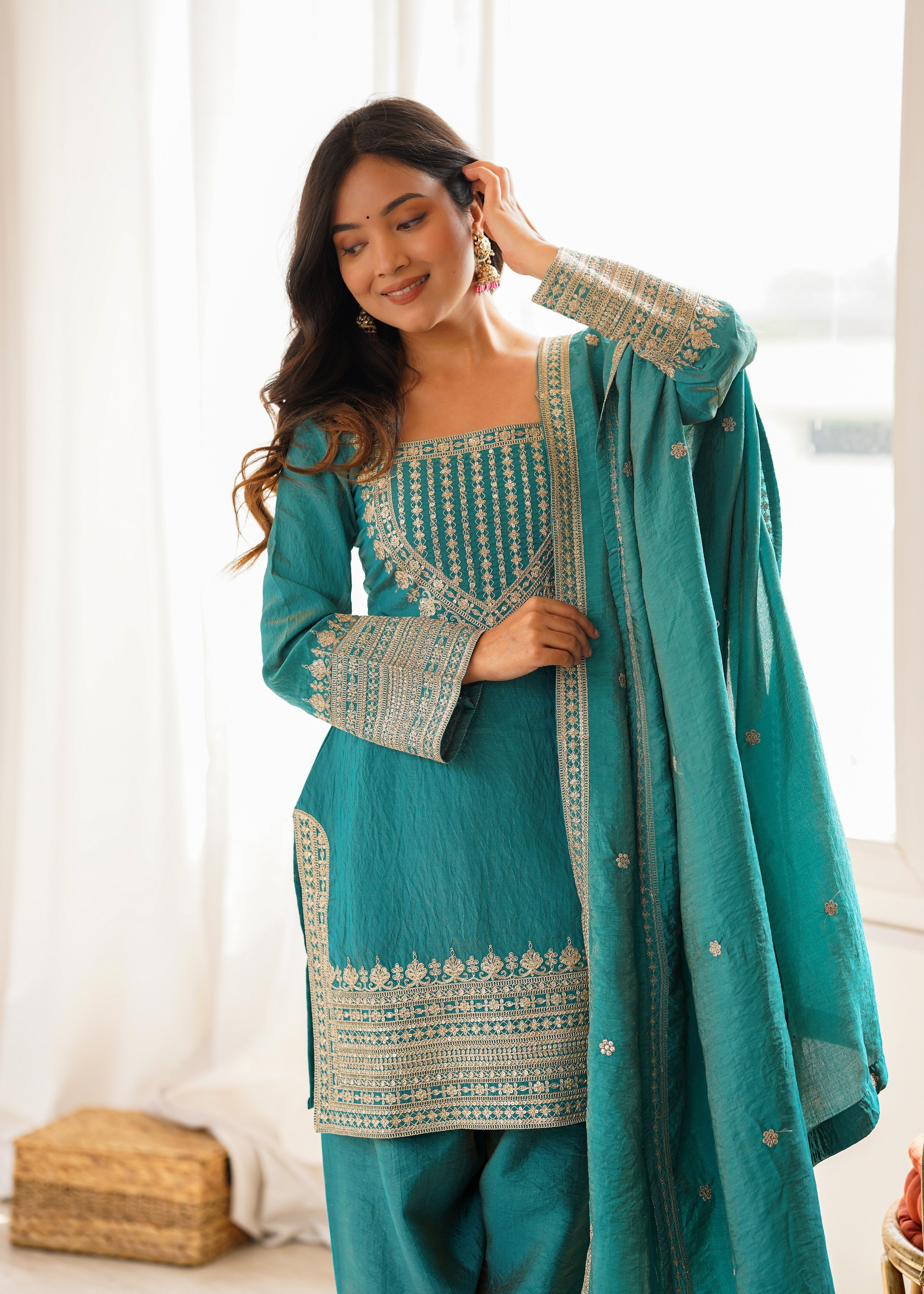 Vichitra Silk Embroidered Farshi Salwar Set – Sea Green