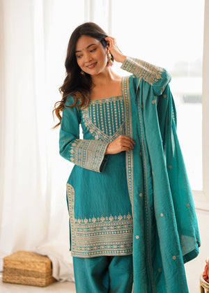 Vichitra Silk Embroidered Farshi Salwar Set – Sea Green