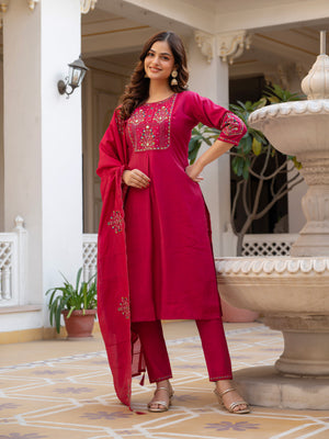 Pure Viscose Mango Silk Embroidered Straight Kurti Set – Pink