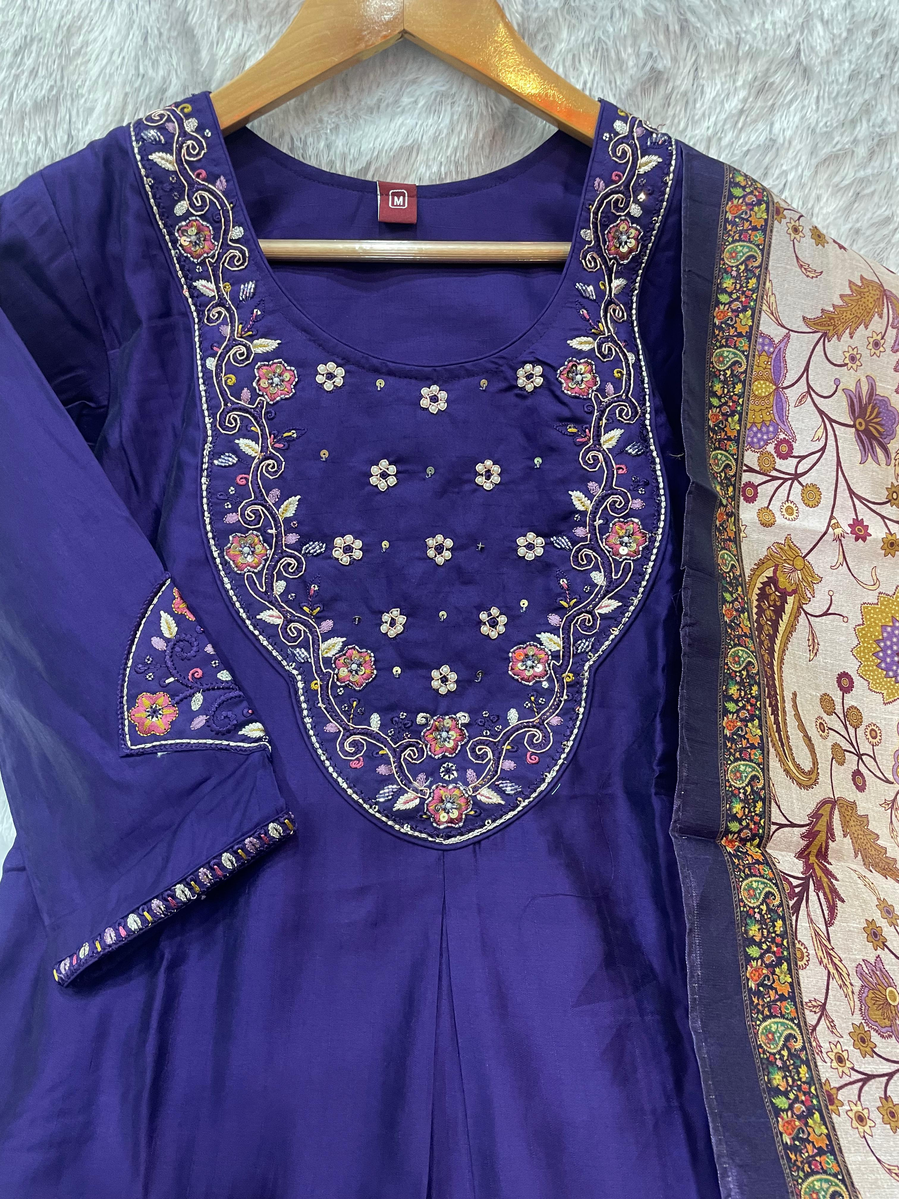 Premium Marina Silk Embroidered Straight Kurti Set – Violet