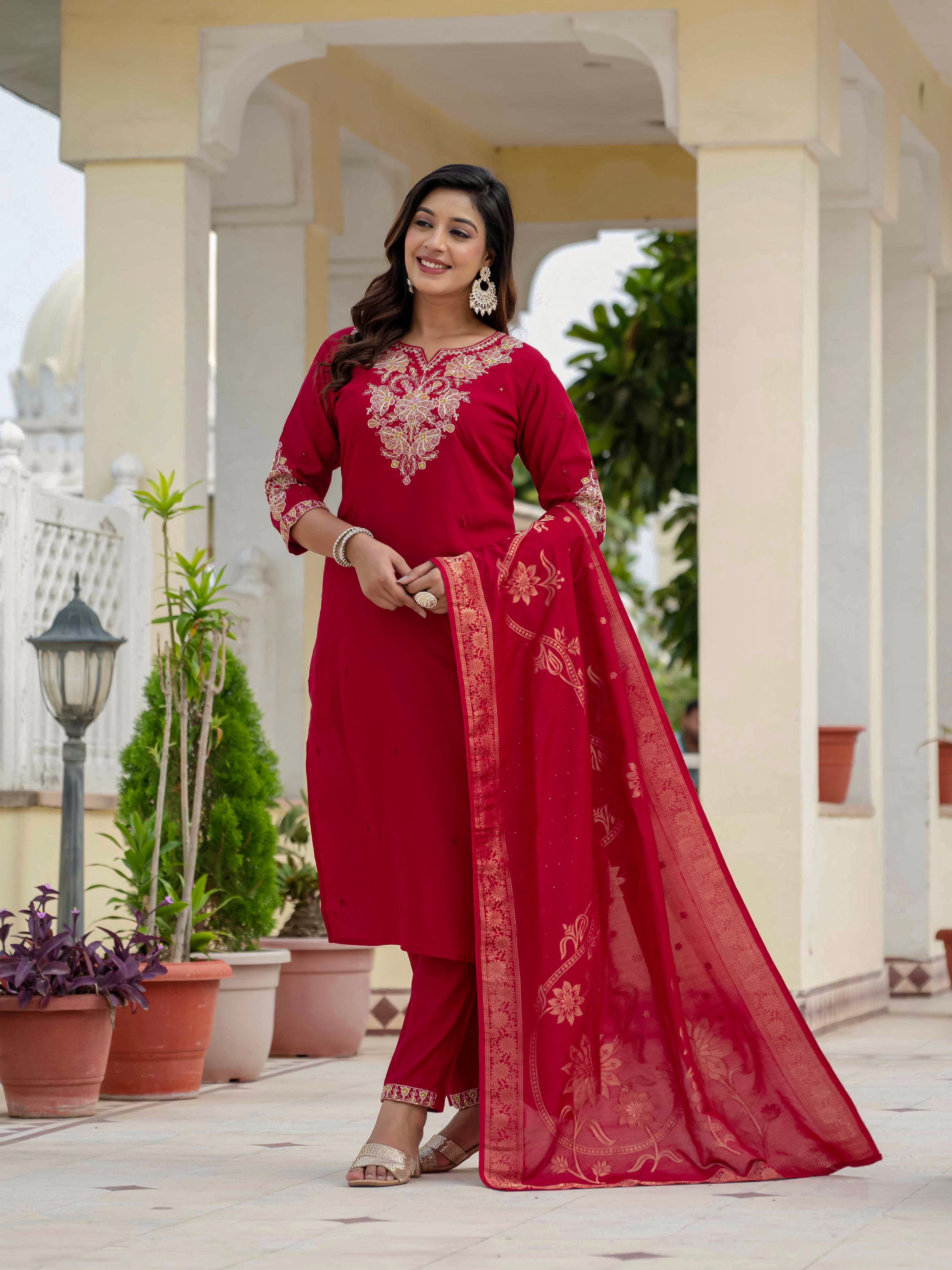 Premium Roman Silk Embroidered Straight Kurti Set – Maroon