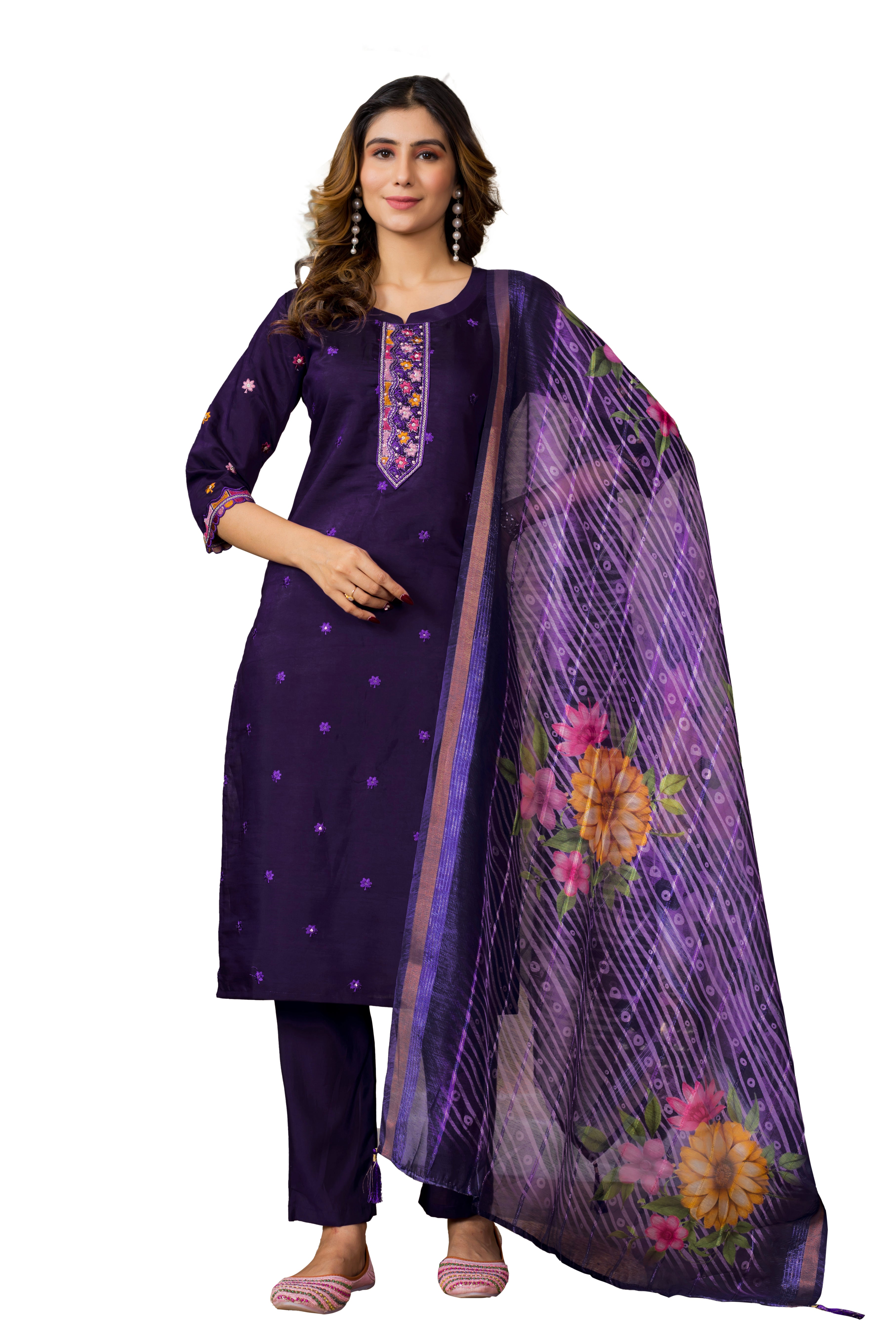 Roman Silk Embroidered Straight Kurti Set – Purple