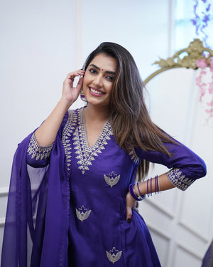 Pv Chanderi Embroidered Kurta Pant Dupatta Set – Purple