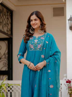 Pure Viscose Mango Silk Embroidered Straight Kurti Set – Firozi