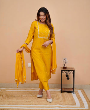 Rayon Slub Embroidered Kurta Pant Dupatta Set – Yellow