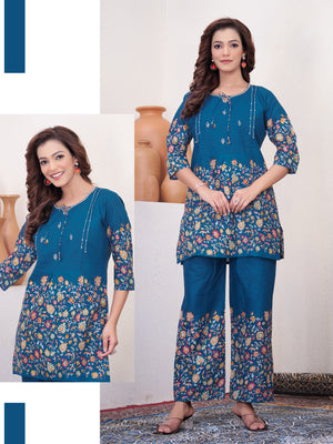 Pure Cotton Printed Co-Ords Set – Blue
