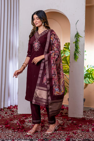 Marina Viscose Silk Embroidered Straight Kurti Set – Wine