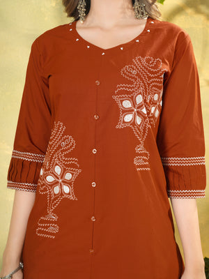 Pure Cotton Embroidered Co-Ords Set – Rust