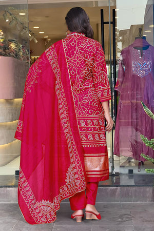 Viscose Silk Embroidered Kurta Pant Dupatta Set – Rani Pink