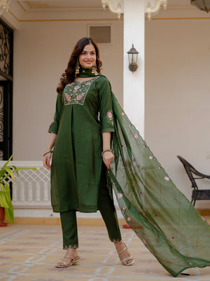 Pure Viscose Mango Silk Embroidered Straight Kurti Set – Green