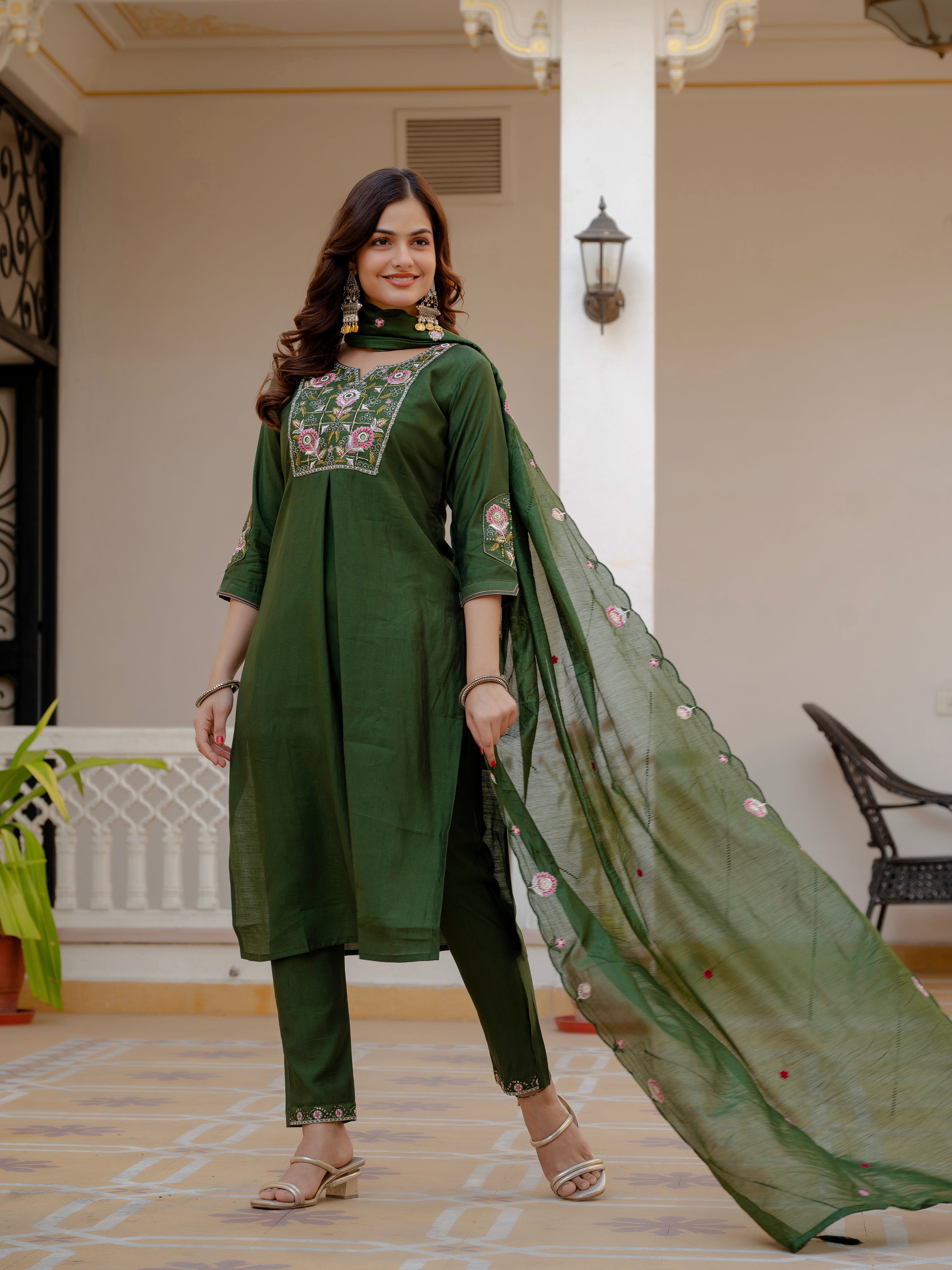 Pure Viscose Mango Silk Embroidered Straight Kurti Set – Green