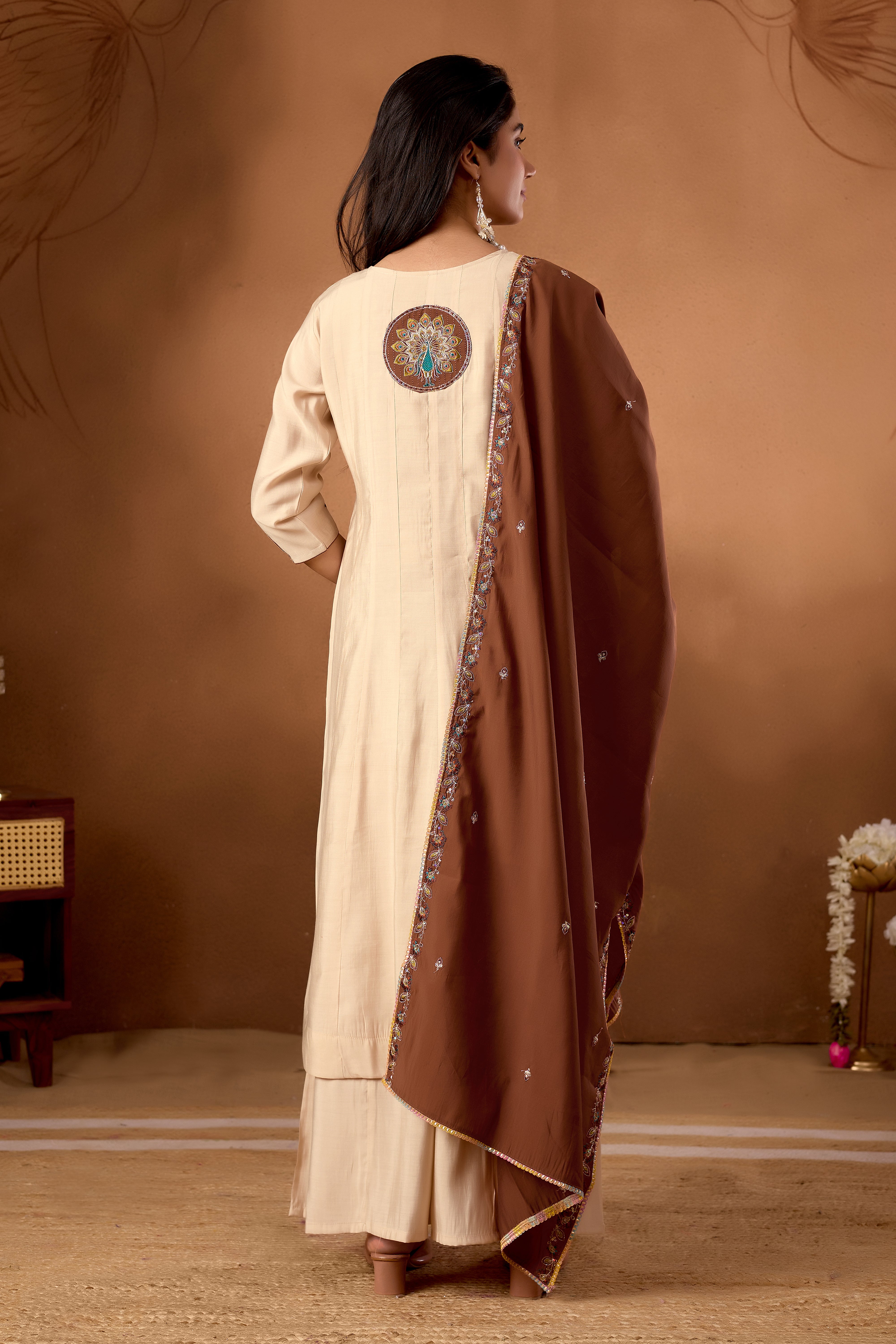 Roman Silk Embroidered Anarkali Kurti Set – Cream