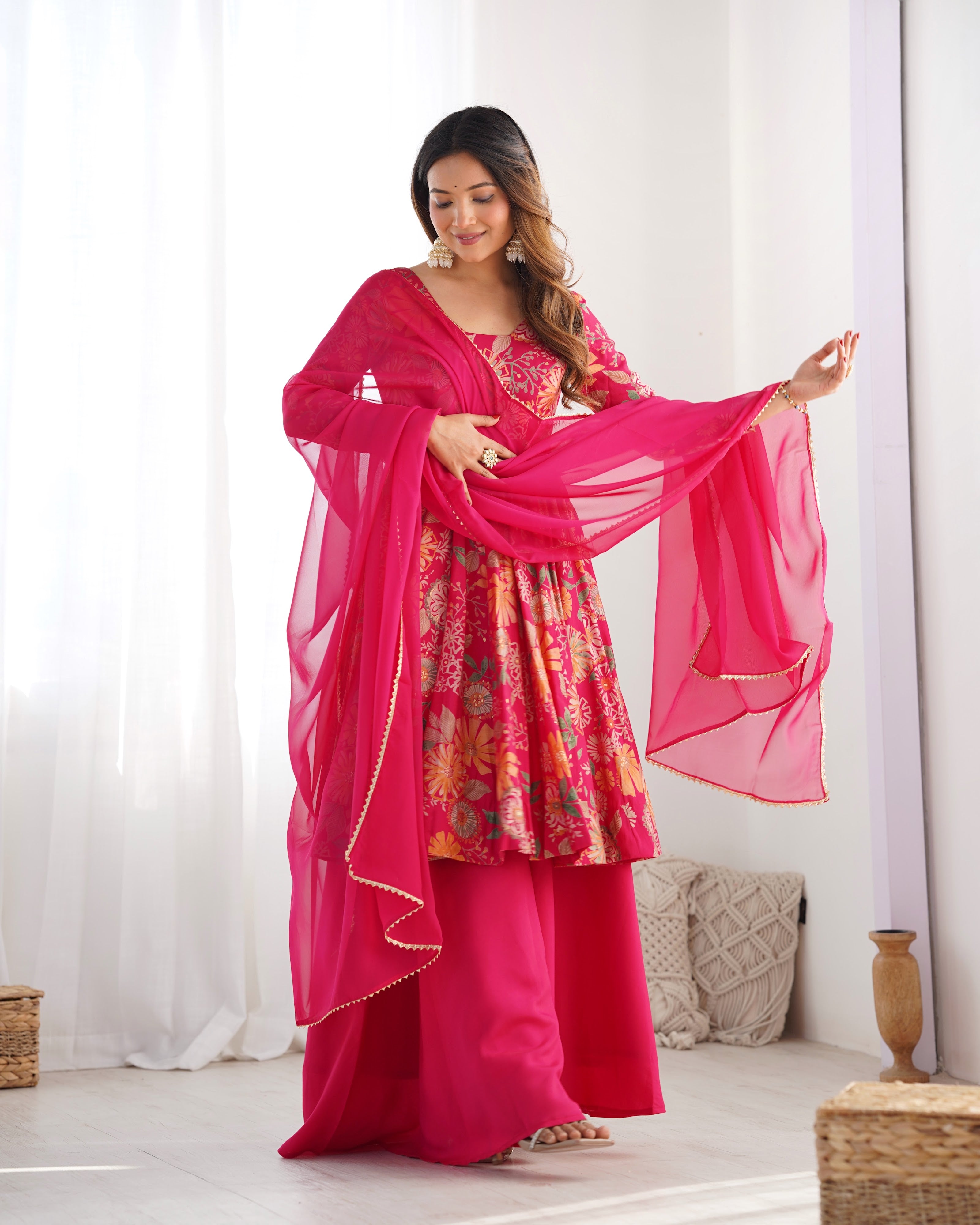 Roman Chanderi Silk Printed Kurta-Palazzo Set – Pink