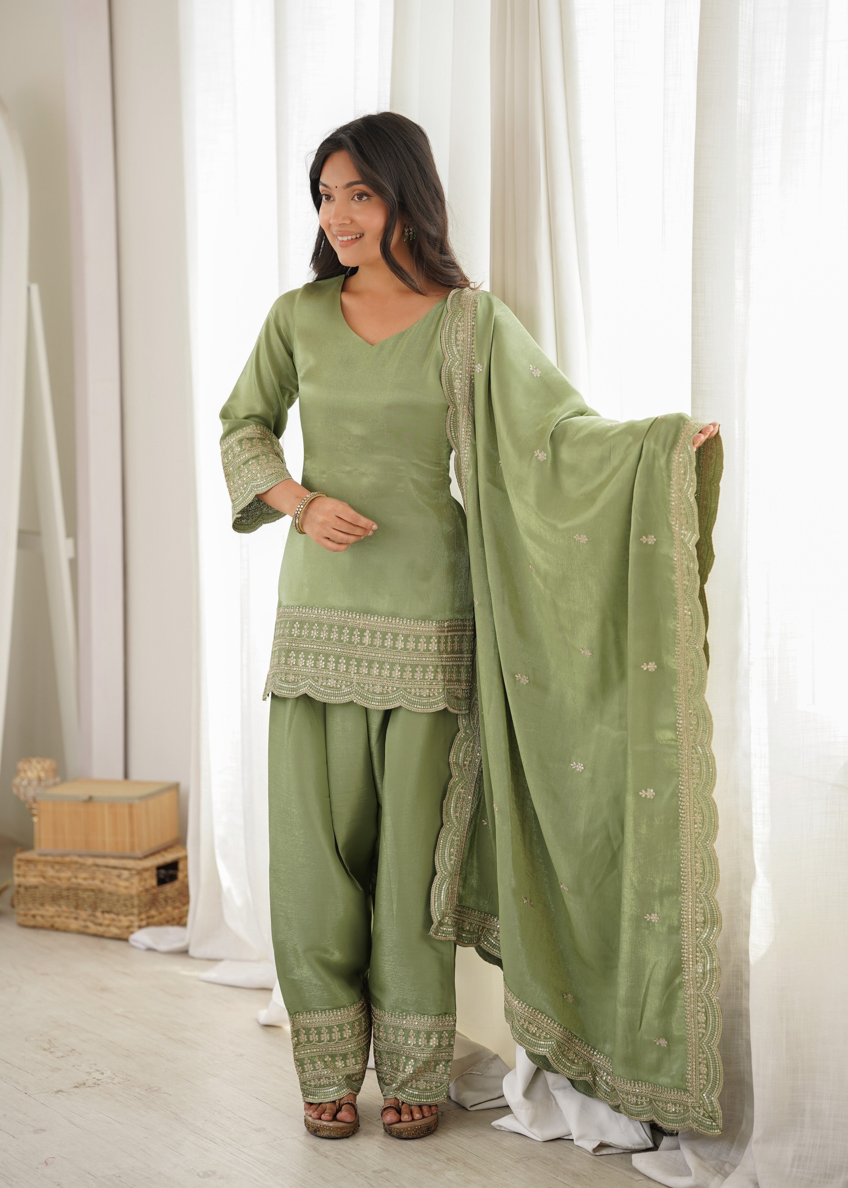 Glass Roman Silk Embroidered Farshi Salwar Set – Sage Green