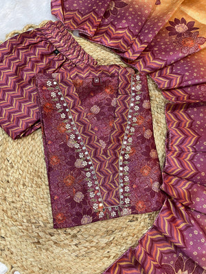 Zarna Silk Embroidered Straight Kurti Set – Wine Purple