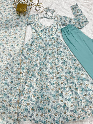 Heavy Orange Chiffon Floral Print Printed Anarkali Set – White Blue