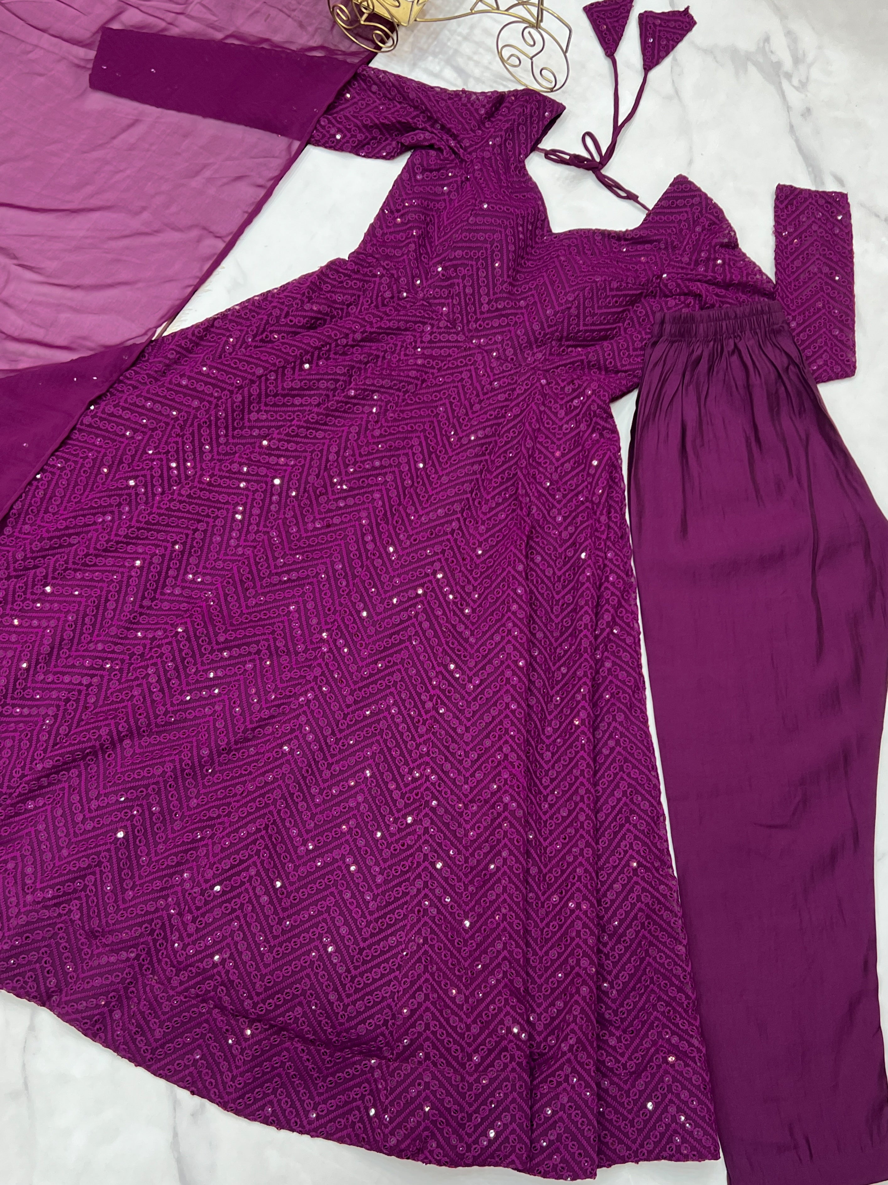 Georgette Embroidered Anarkali Set – Wine