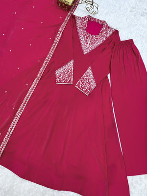 Roman Shimmer Silk Embroidered Anarkali Set – Rani Pink