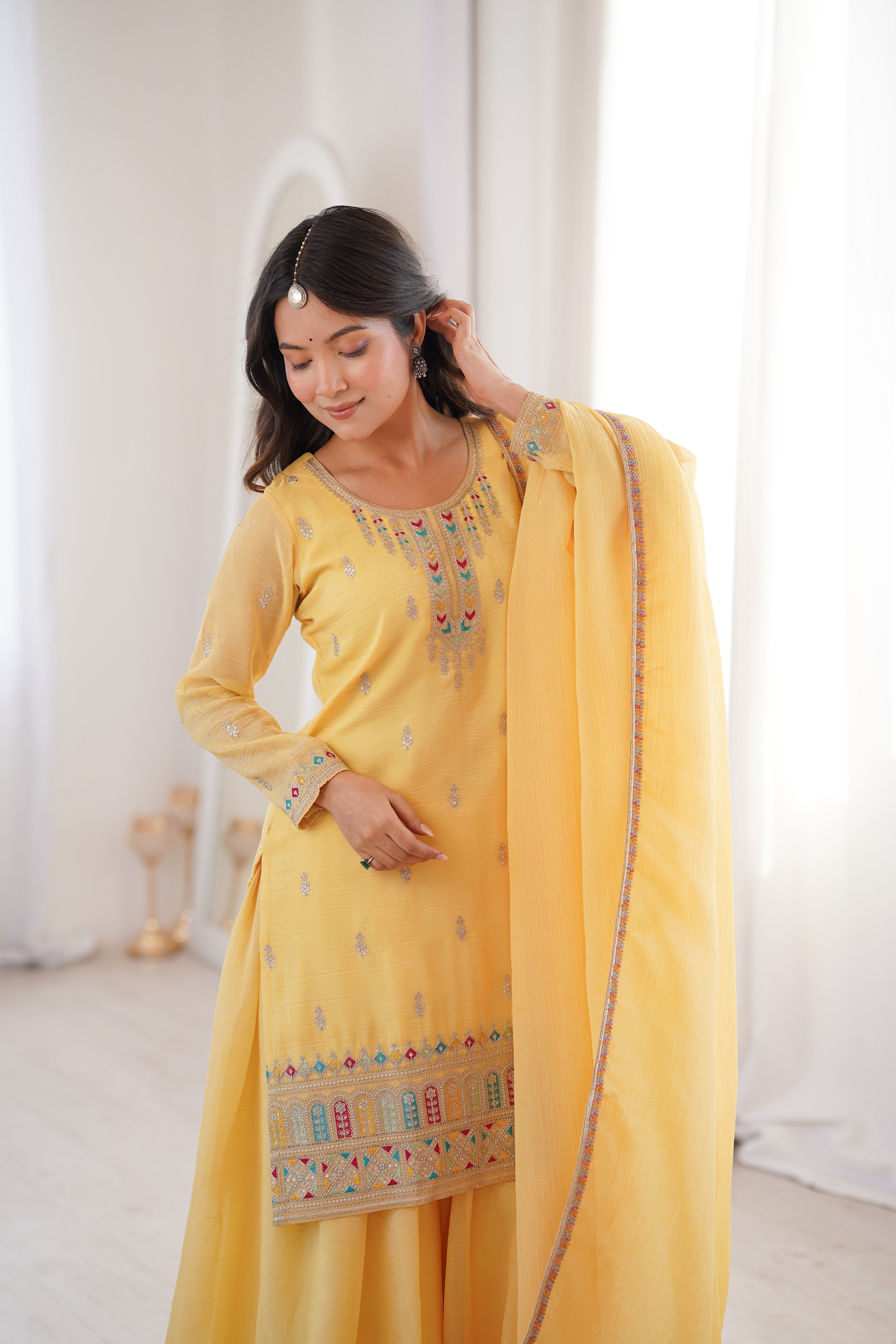 Crunchy Silk Embroidered Kurta-Sharara Set – Yellow