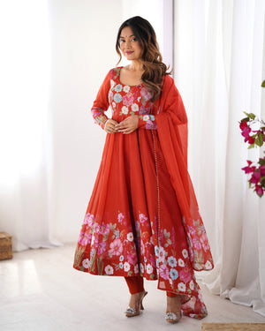 Organza Silk Printed Anarkali Set – Rust