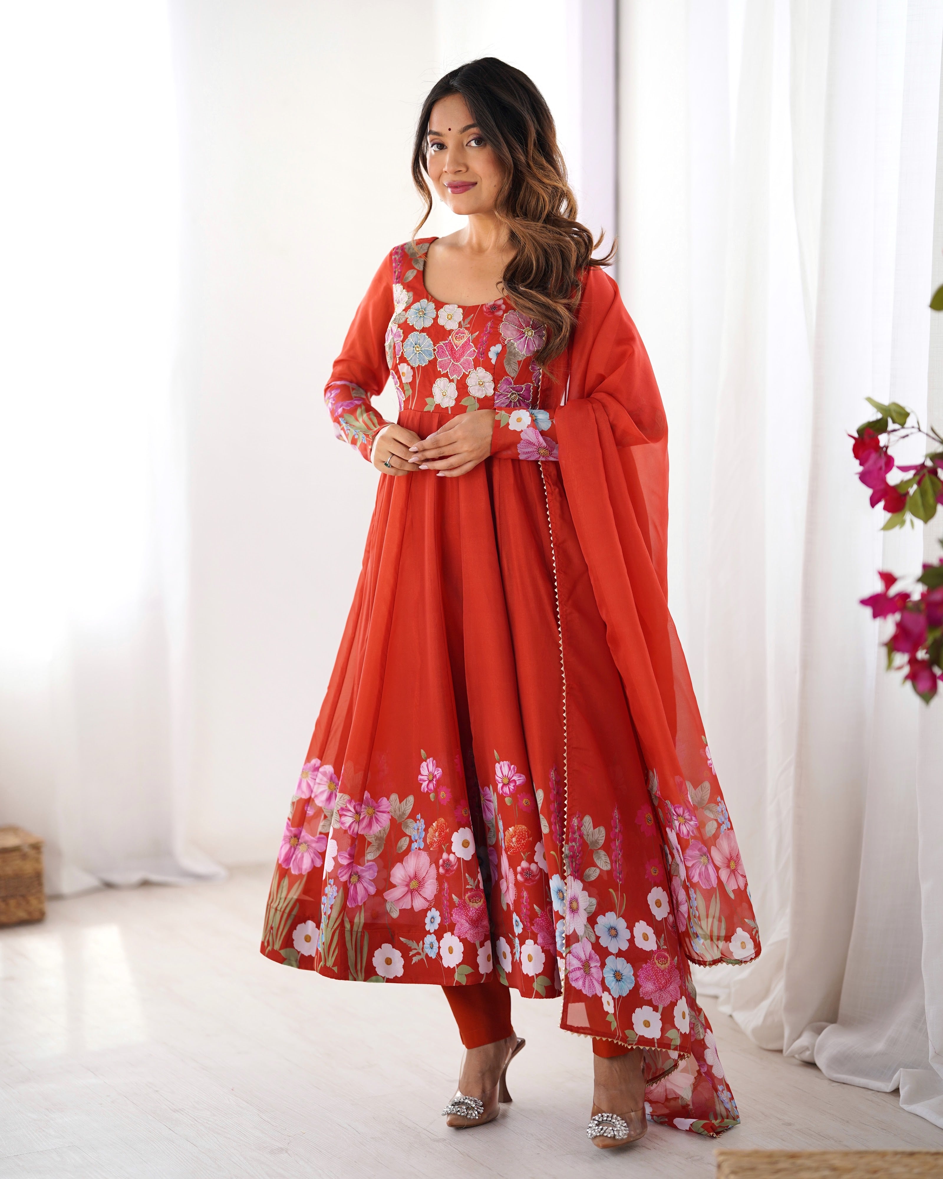 Organza Silk Printed Anarkali Set – Rust